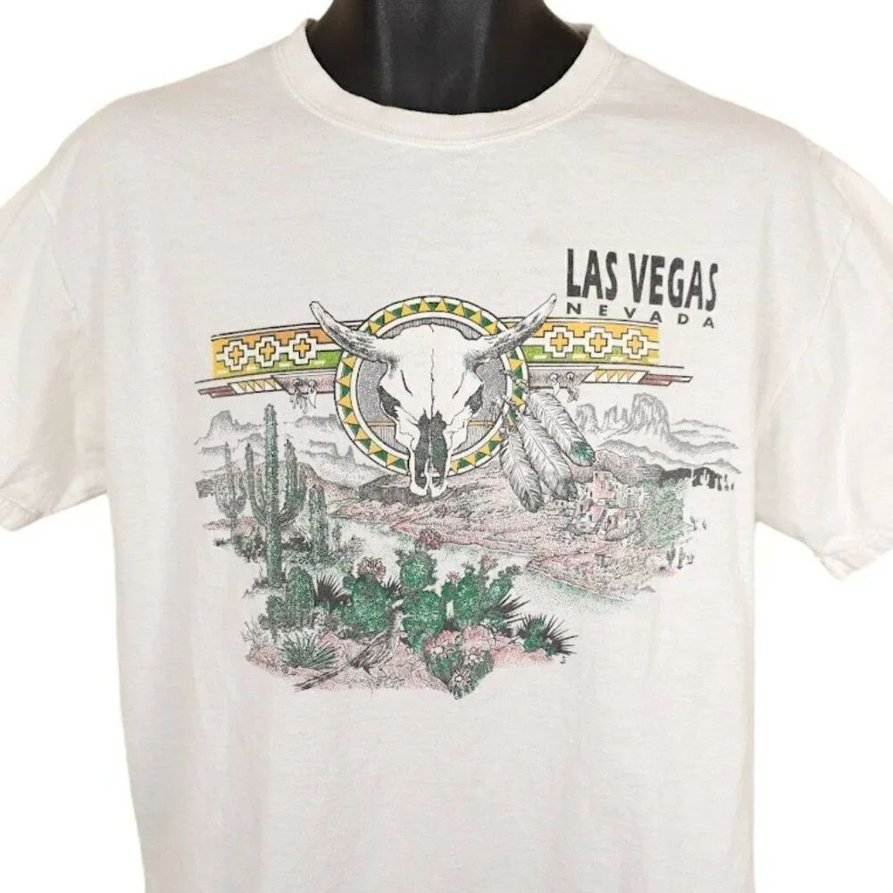 Las Vegas Nevada T Shirt Mens Size Large White Southwestern Cow Skull Desert